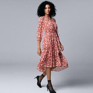 Simply Vera Wang Terra Cotta Leopard Print Floral High-Low Midi Dress Size XS